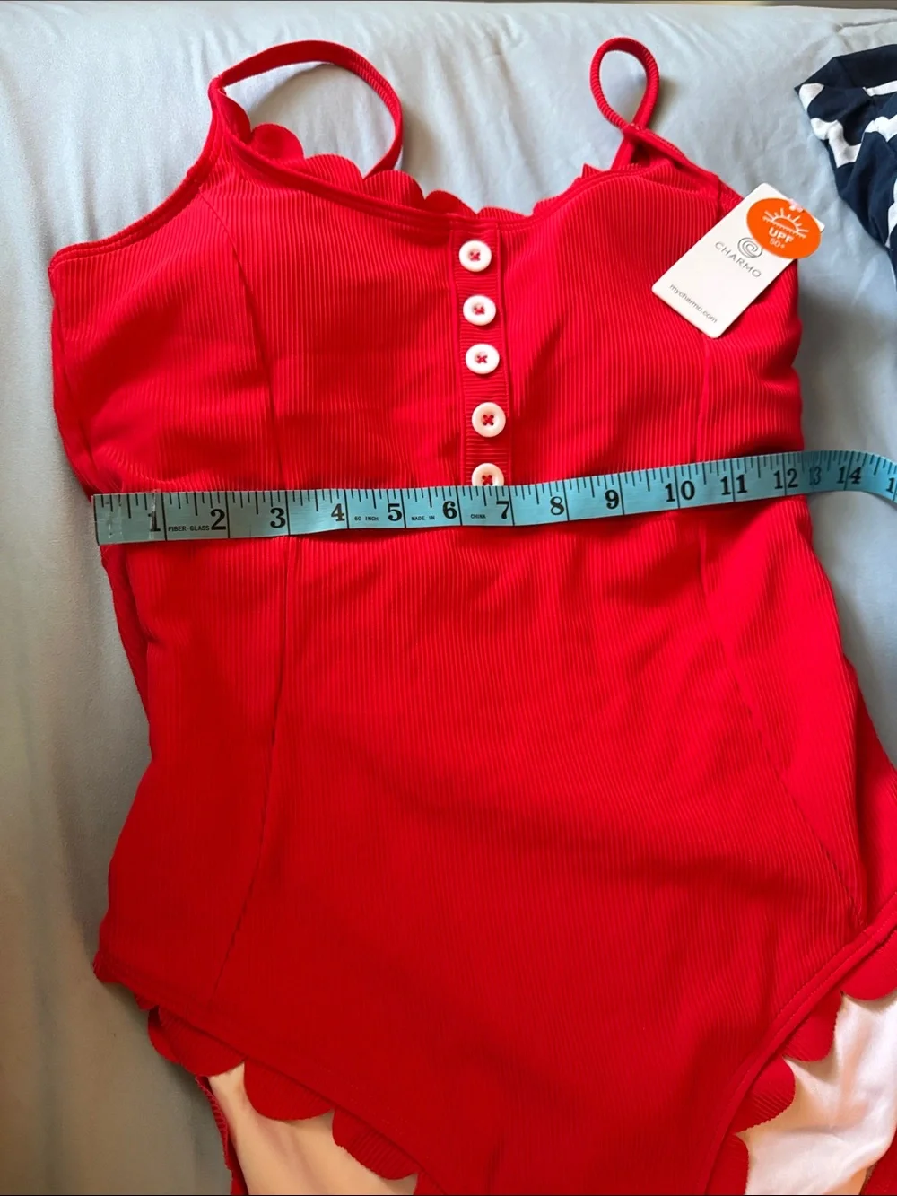Charmo Women's Ribbed One Piece Swimsuit Red Scalloped Button Front Size M NWT